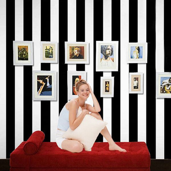 

wholesale-10m roll black and white wide stripe wallpaper simple cross vertical striped wall paper decor for living room background wall