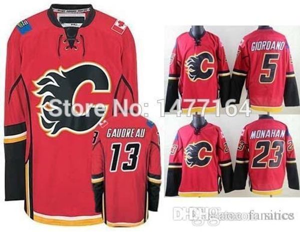 

calgary flames hockey jersey home red #5 mark giordano #13 johnny gaudreau #23 sean monahan authentic sports jerseys men, Black;red