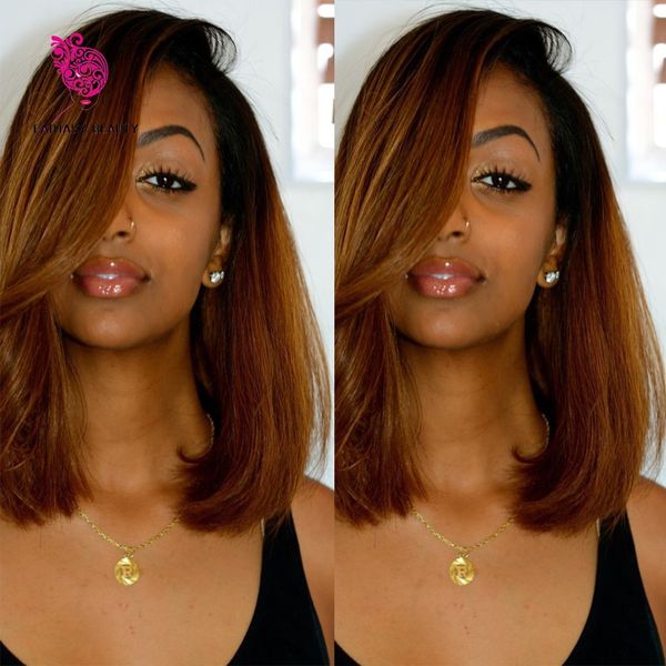 

brazilian virgin hair glueless full lace ombre wig bob style two tone 1b/30 human hair bob wig lace front wigs for women, Black;brown