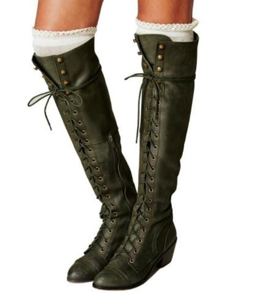 Botas de inverno Mulheres Botas De Joelho-alto Estilo Vintage Rendas Até Sapatos de Salto Quadrado Exército Verde de Alta Qualidade Sapatos Mulher lace up botas