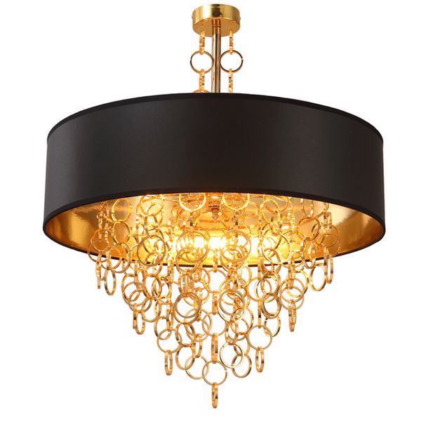 Lampadari moderni con paralume nero, lampade a sospensione, anelli dorati, gocce in una plafoniera rotonda