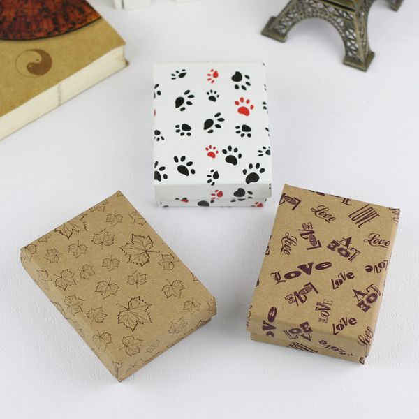 

[simple seven]9*7*3cm printed love jewelry set kraft paper packing, maple leaves pendant carrying box, dog footprints bracelet display, Black;white