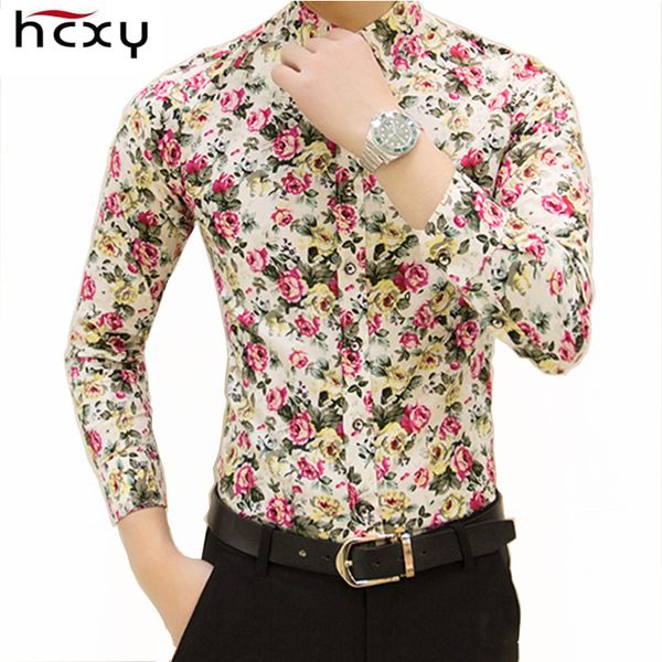 

wholesale- hcxy 2016 new fashion spring flower shirts for men casual designer large size men floral shirts camisas masculinas social, White;black