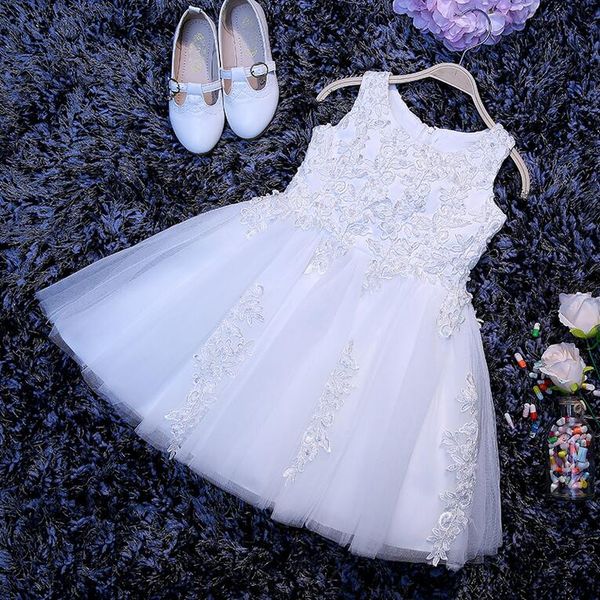 

new flower girl dresses with appliques high neck party pageant communion dress for wedding little girls kids/children dress, White;blue