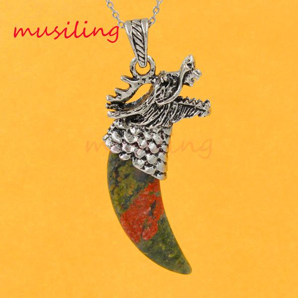 

dragon head tooth-shape pendants necklace chain natural gem stone pendant amethyst malachite etc vintage charms jewelry chakra amulet, Silver