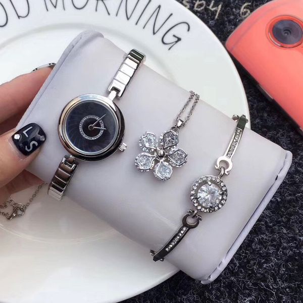 

3 sets dress ladies watch necklace bracelet luxury fashion stainless steel band quartz watches for women girls gift relojes mujer, Slivery;brown