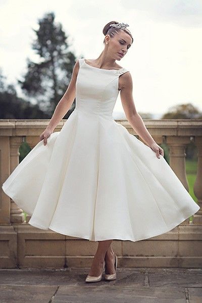 60s vintage comprimento de chá curto vestidos de casamento simples barco vestido de baile cetim de recepção sem mangas mulheres segunda casamento vestidos nupculos