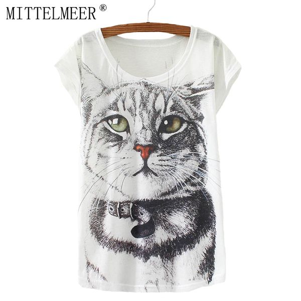 

wholesale-mittelmeer summer cotton t-shirt women short sleeve o-neck animal print cat tees fashion casual t shirt for ladies, White