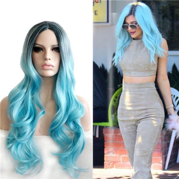 

victoria beckham blue ombre color cosplay hair long deep wave synthetic wigs fashion side bang wig, Black