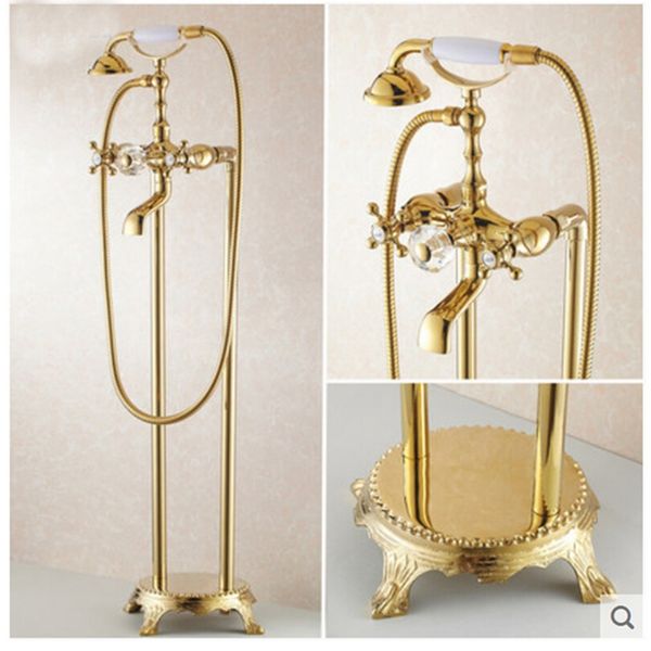 

luxury bathtub faucets golden finish brass body shower faucet floor mounted tub filler mixer tap w/ hand tap