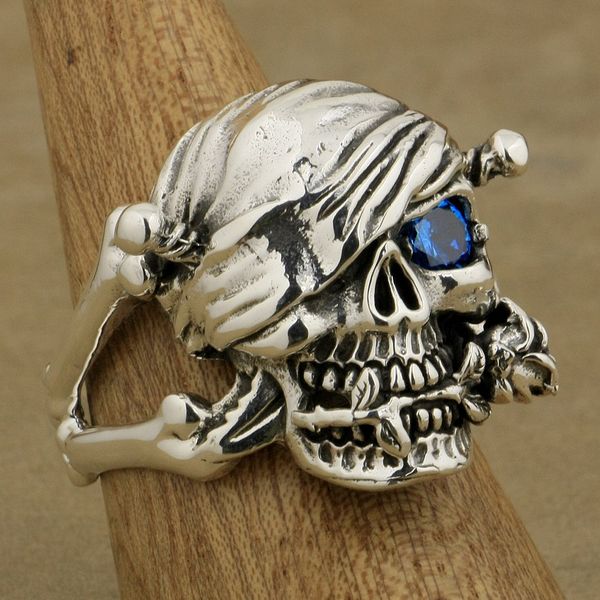 

linsion 925 sterling silver pirate skull ring rose blue cz stone mens biker rock punk style 9w101 us size 7 to 15, Golden;silver