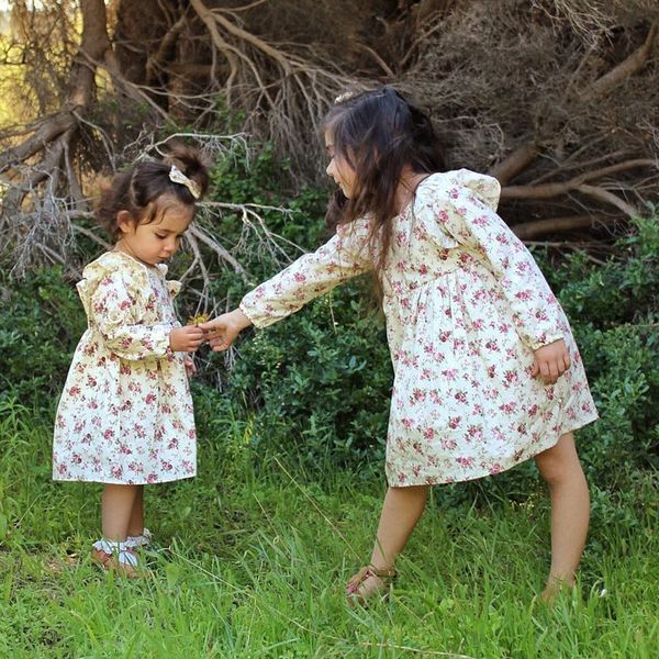 

spring 2021 baby girl dresses long sleeve floral dress round neck knee length girls casual dresses 17103006, Red;yellow