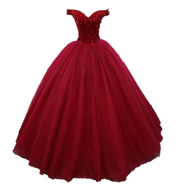 Funkelnde Quinceanera-Kleider, Ballkleid, dunkelrotes Abendkleid, Schnürung am Rücken, Falten, Tüll, Sweep-Zug, Quinceanera-Kleider288O