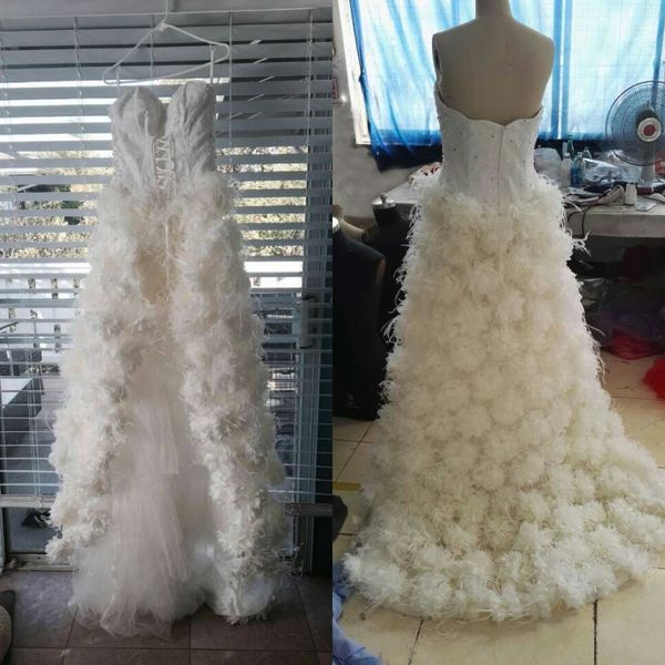 

real picture high low wedding dress luxury feather bridal gowns beads sequins crystals lace handmade flowers zipper back, White