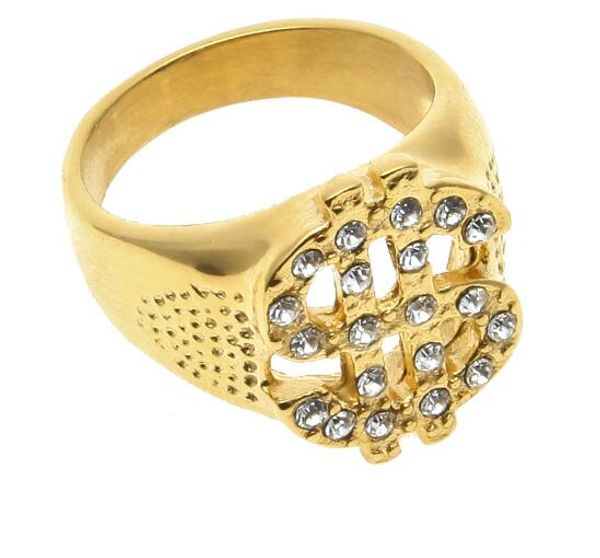 

stainless steel gold color dollar sign ring hip hop rock punk lced out bling zircon rhinestone men rings fashion jewelry 8 9 10 11, Golden;silver