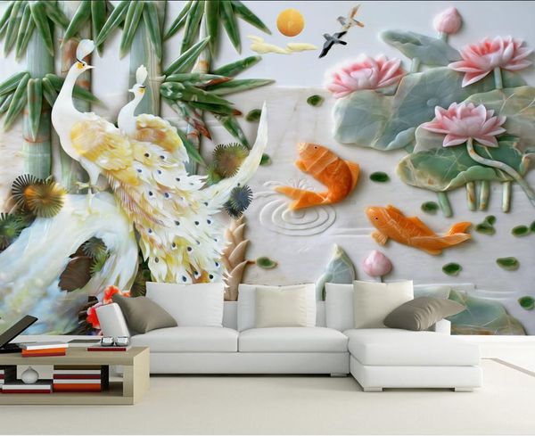 3d wallpaper 3d tapeten für tv hintergrund 3d wallpaper benutzerdefinierte mural Peacock jade geschnitzt lotus hintergrund wanddekoration malerei