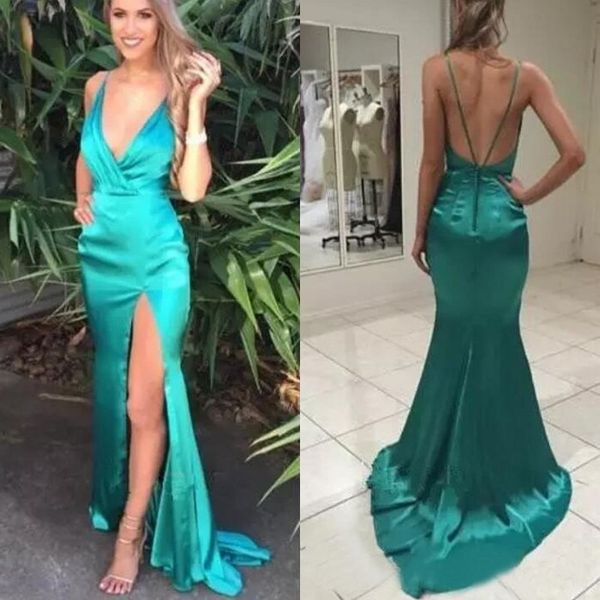 

2017 hunter elastic silk like satin mermaid prom dresses plunding v neck high side split formal dresses party evening en103012, Black