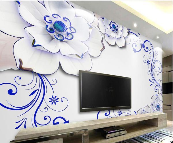 

classical blue and white magnolia embossed tv backdrop wall fashion decor home decoration for bedroom