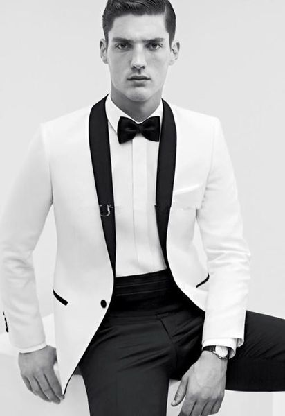 Белый пиджак черные брюки жених смокинги Шаль воротник лучший человек костюм жених/жених свадебные/выпускного вечера костюмы (куртка+брюки+галстук+пояс)A192