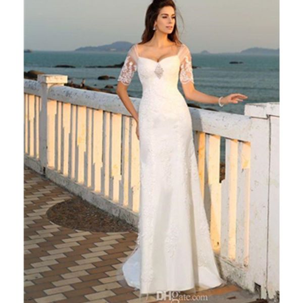 

beach wedding dresses short sleeve sheath beads bridal gowns 2019 new tulle transparent appliques sweetheart sweep train unique, White