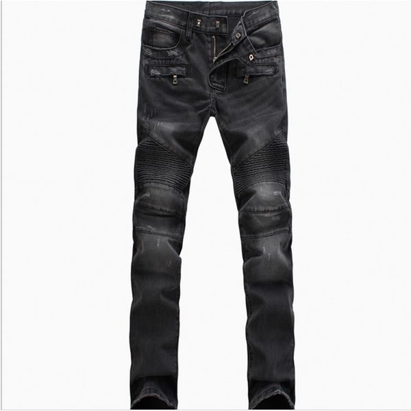 

biker jeans man moto denim men fashion brand designer ripped distressed joggers washed pleated motorcycle jeans pants black blue