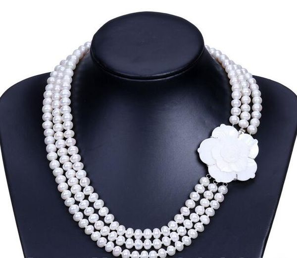 

nature 7-8mm white cultured pearl necklace shell flower clasp, Silver