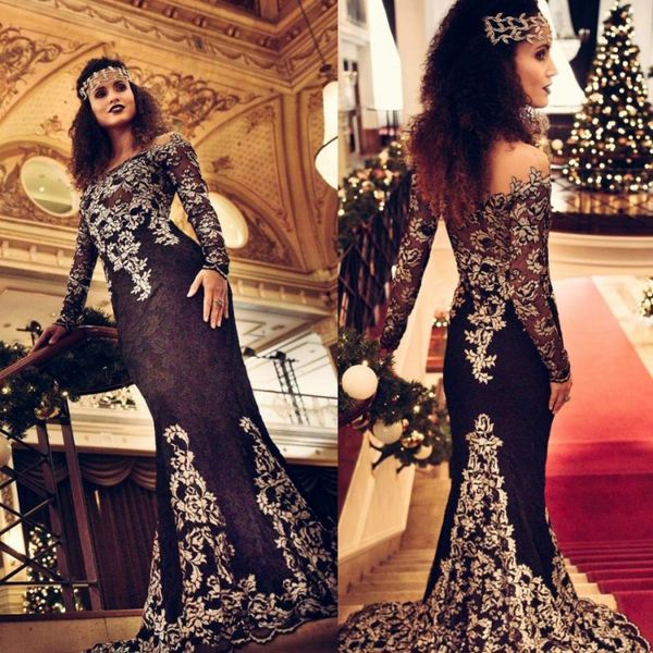 

long sleeve arabic mermaid evening dresses sheer off the shoulder lace appliqued sweep train prom gowns formal party dress, Black;red