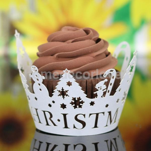 

wholesale-12pcs christmas theme hollow out cake paper wrap cupcake wrapper ice white