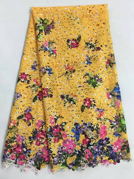 

5 y/pc nice looking yellow african milk silk lace fabric with prints flower and butterfly design french lace for dress rm4-12, Black;white