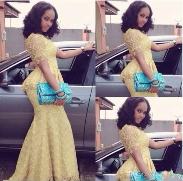 

African Fashion Vestido Longo O Neck Short Sleeve Mermaid Floor Length prom Gown Yellow Lace Elegant Nigeria Style Pageant Evening Dresses