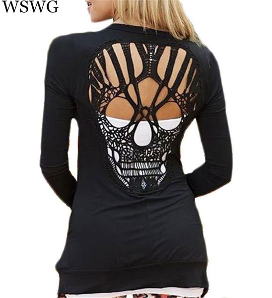 

Wholesale- New Fashion Skull T Shirt Women Stylish Scoop O Neck Long Sleeve Hollow Out Skull Pattern T-Shirt For Womens Tops Tees 60293