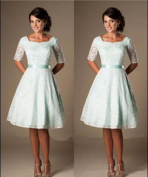 

mint green short lace bridesmaid dresses summer matched sash a-line vntage style half sleeve a-line wedding prom gowns selling b91, Blue;red