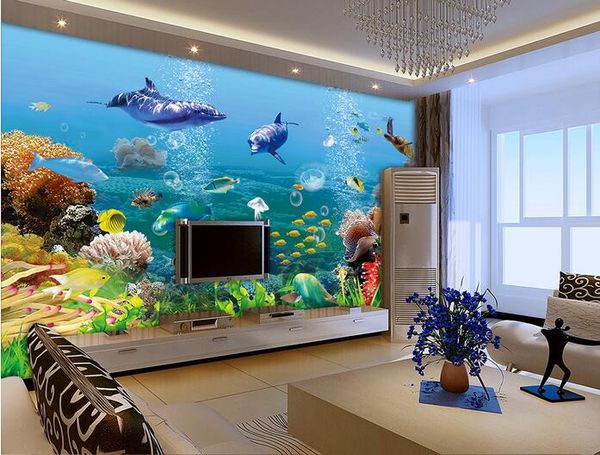 3d Room Wallpaper Custom Photo Mural Dolphin Fish Coral Aquarium Home Decor Background Painting 3d Wall Murals Wall Paper For Walls 3 D Wallpaper High
