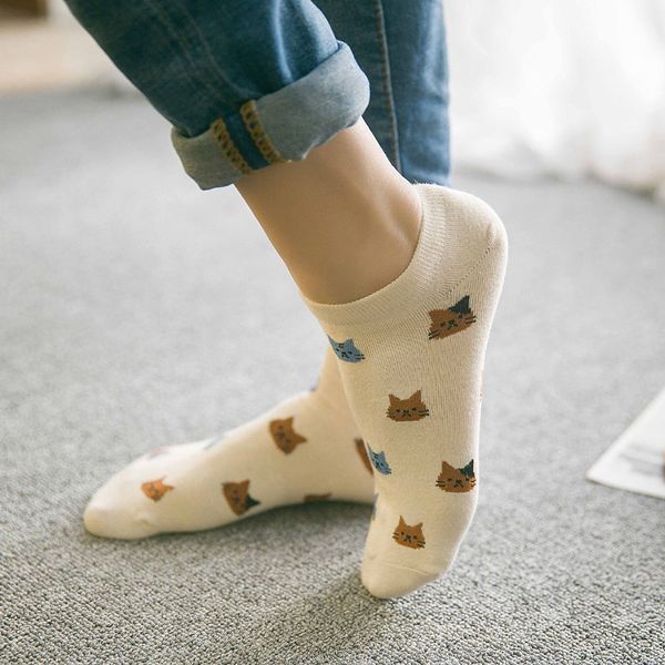 Toptan-Yeni Karikatür Sevimli Kedi Yüz İnce Kesit Görünmez Sığ Ağız Kadın Pamuk Çorap Kısa Tüp Çorap İlkbahar ve Yaz