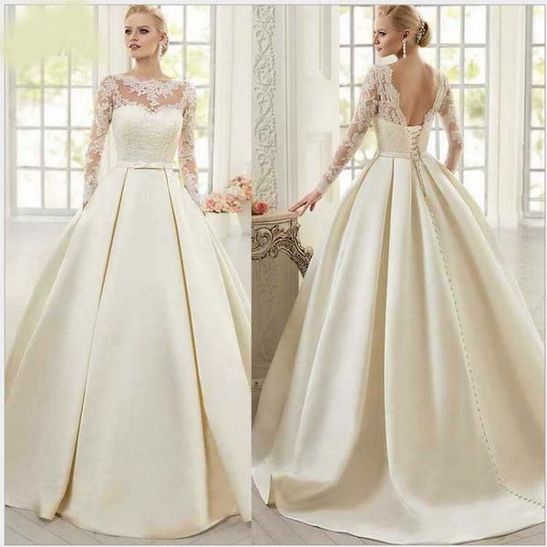 

princess long sleeve ball gown wedding dress appliques lace sheer neck romantic vestido de noiva, White