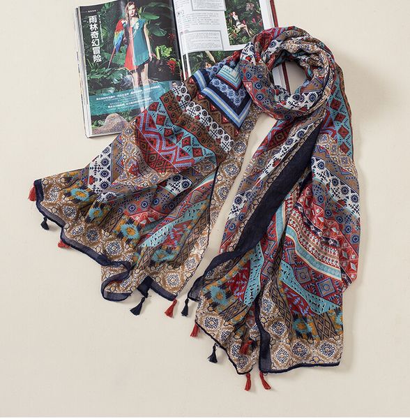 

wholesale-10pcs/lot ladies printe fashion bohemian cotton voile shawls floral tassels muslim viscose hijab wrap long scarves/scarf, Blue;gray