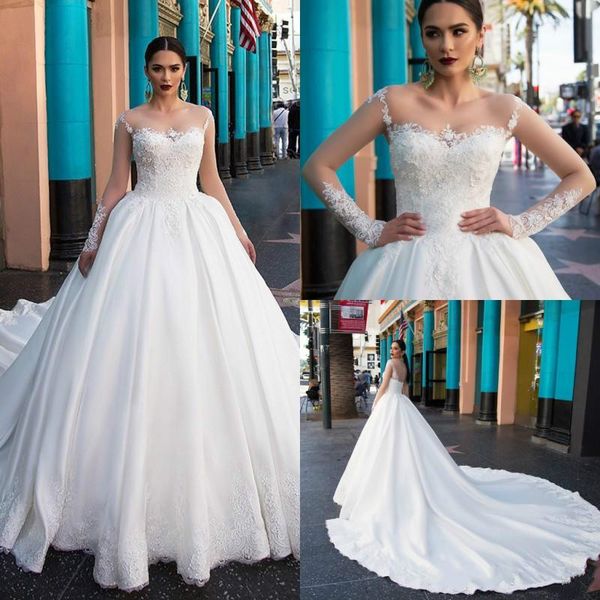 

Trendy illu ion heer milla nova plu ize wedding dre e atin lace long leeve 2018 ve tido de noiva bridal gown ball for bride