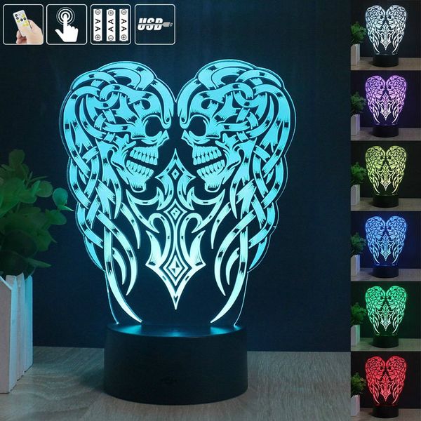 2018 New Remote Control Angel Wings Skull Cross 3d Led Night Light Touch Change Table Lamp Acrylic Home Decoration Accessory And
