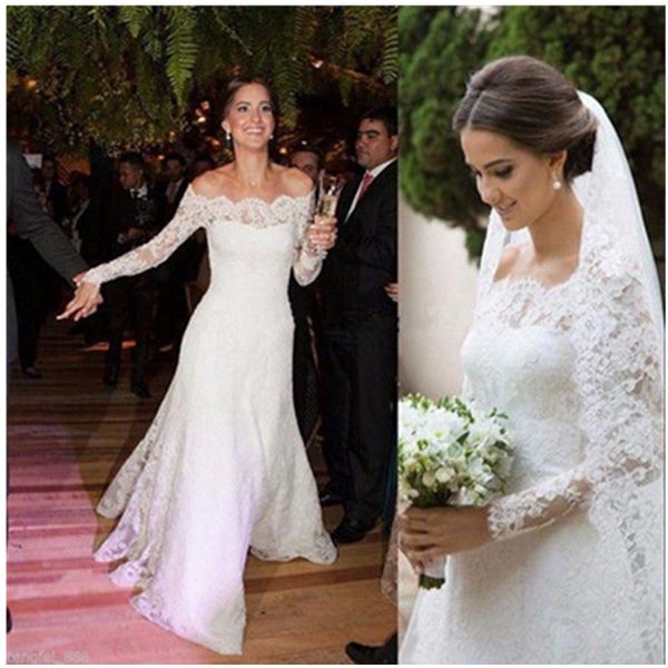 

урожай платье-футляр свадебное платье с плеча кружева с длинным рукавом длинные новые свадебные платья на заказ аппликации зима прозрачная г, White