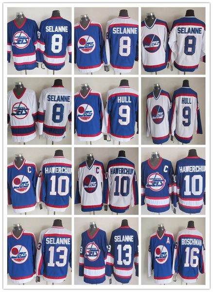 

retro ice hockey winnipeg jerseys ccm vintage 8 13 teemu selanne 9 bobby hull 10 dale hawerchuk laurie boschman white blue jerseys, Black;red