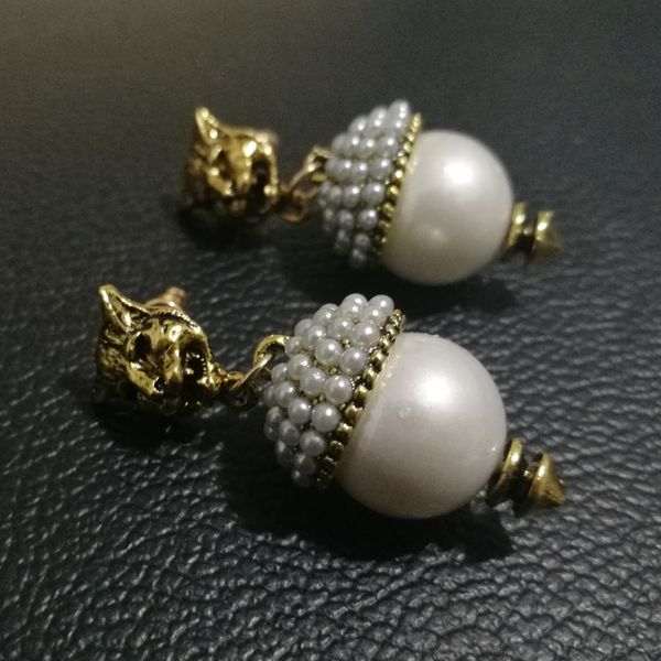

New Brand Vintage Pearl Leopard Stud Earrings for Women Fashion jewelry Metal earring Pendant Antique gold brincos Female Bijoux
