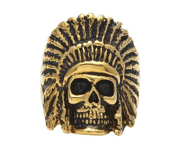 

alloy en vintage stainless steel ring hip hop punk style gold black ancient maya tribal indian chief skull rings jewelry, Golden;silver