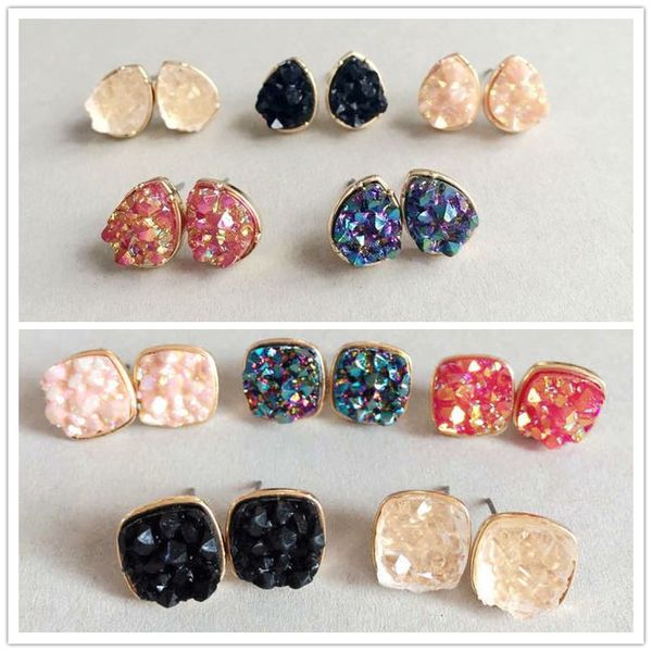 

fashion drusy druzy earrings gold plated popular square water drop gemstone stone stud earrings for women lady jewelry, Golden;silver