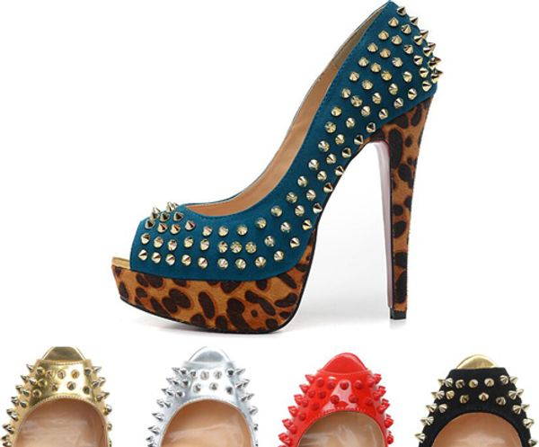

luxury peep toes with spikes rivets leopard platform womens pumps,140mm designer red bottom high heels shoes ladies wedding shoes, Black