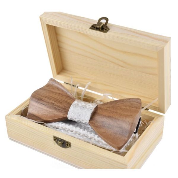 Set papillon e fazzoletto in legno 3D con scatola di legno Fiocco tradizionale vintage fatto a mano Per prodotto finito aziendale Papillon 12 * 5,5 cm