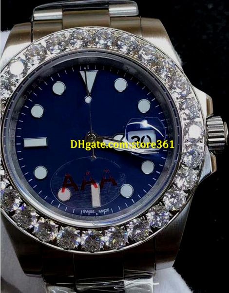 

christmas gift mens swiss watch 16613 big diamond bezel stainless steel strap blue dial automatic watch, Slivery;brown
