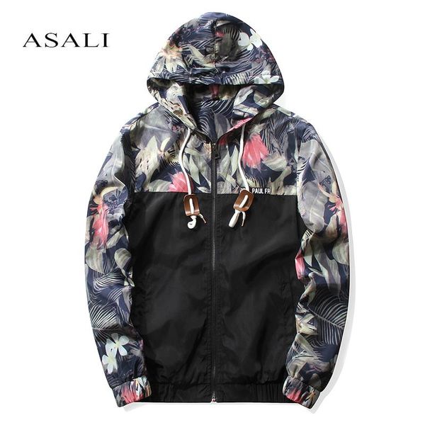 

wholesale- mens hooded jackets and coats floral printed zipper hoodies jacket hip hop patch designs slim fit pilot bomber jacket xxxxl j50, Black;brown