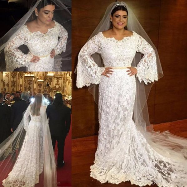 

romantic full lace wedding dresses scoop neckline trumpet long sleeves bridal gowns sweep train plus size wedding vestidos, White