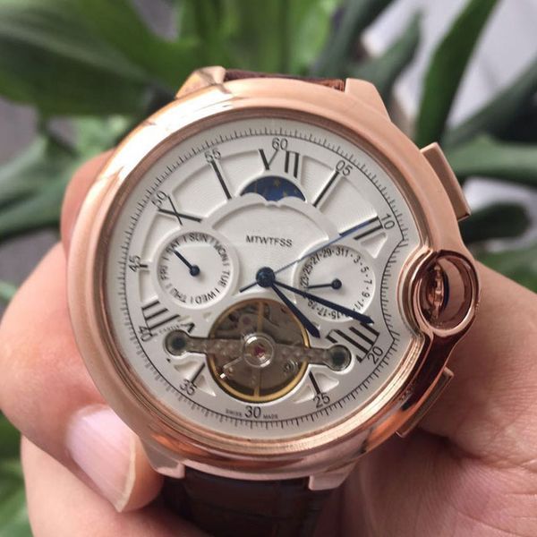 

mens watches all sub-dials work fashion leather strap clock mechanical automatic male wristwatches for men rejoles gift, Slivery;brown