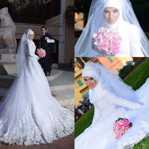 

autumn winter arabic style muslim wedding dresses 2017 with long sleeves appliques beading lace-up back court train bridal gowns, White